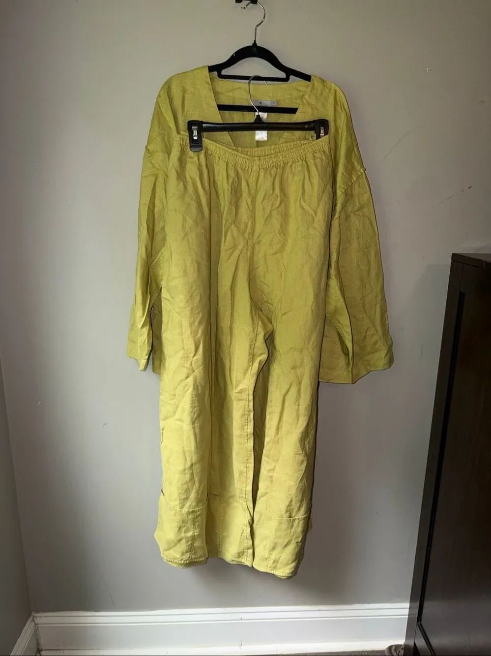 Lagenlook 100% linen chartreuse green 2 piece top and wide leg pants set plus si